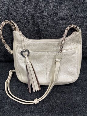 Brighton Cream Pebbled Leather Shoulder Bag with Braided Strap & Heart Tassel